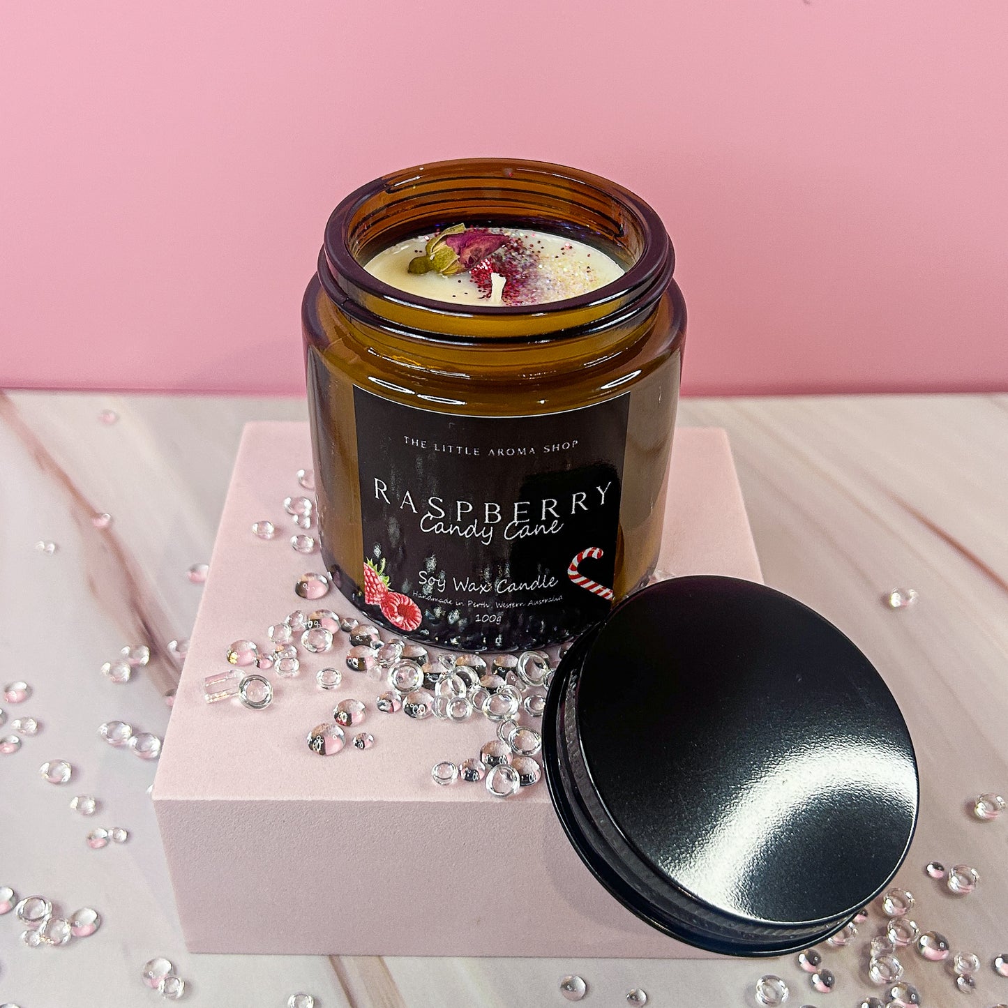 Raspberry Candy Cane Amber Jar
